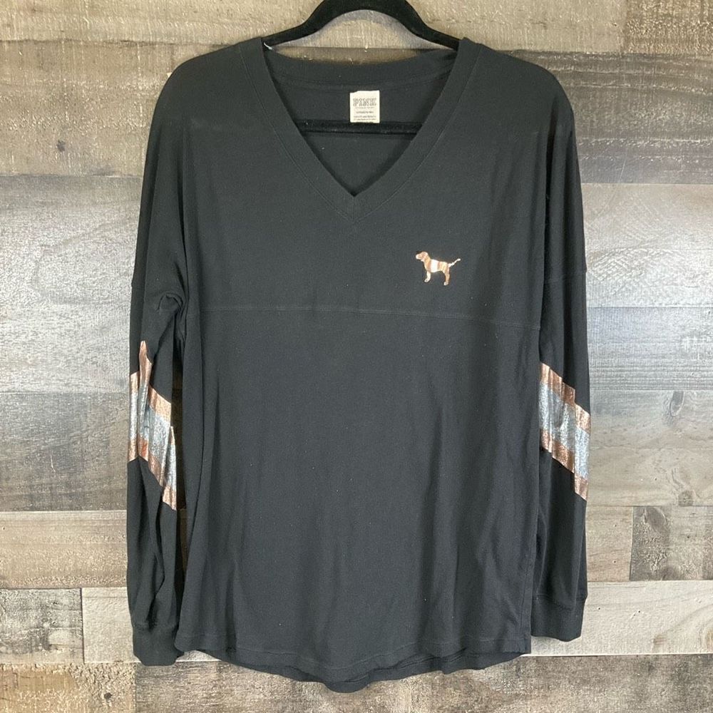 Victoria’s Secret Pink Women’s Size Small T Shirt Black Long Sleeve Gold Sequin
